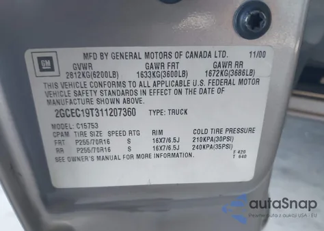 2001 Chevrolet Silverado 1500 Ls z USA, uszkodzony, nr VIN 2GCEC19T311207360